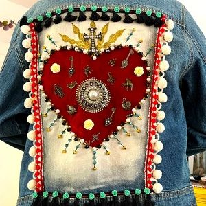 Handmade Embroidered Sacred HeartJean Jacket
